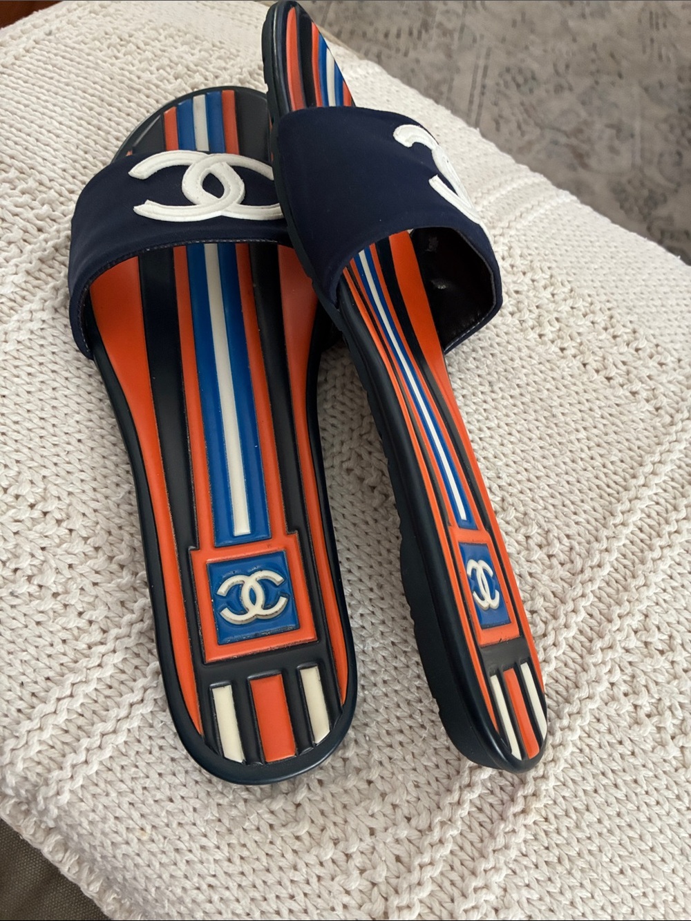CHANEL Navy, Orange & Blue Logo Slide Sandals